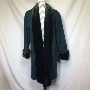 DonnyBrook Penny Lane Y2K style VTG Green Faux Fur Trim Wool Long Coat